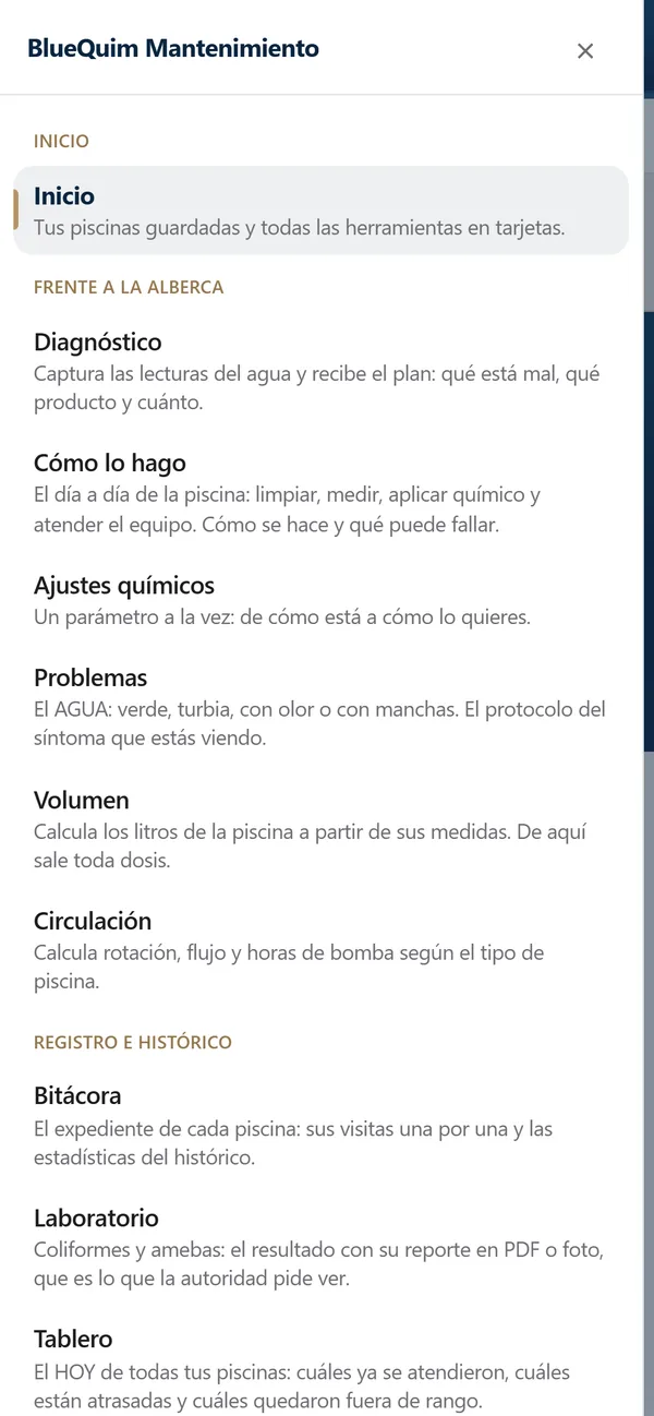 Menú de la app: diagnóstico, problemas, volumen, circulación, bitácora y laboratorio
