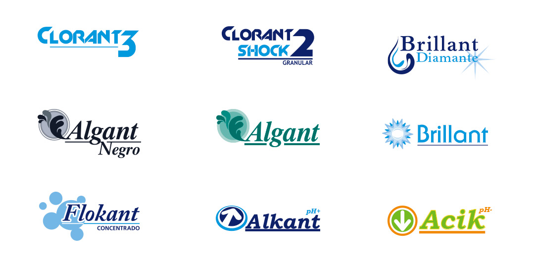 Marcas Blue Quim: Clorant 3, Clorant 2 Shock, Brillant Diamante, Algant, Brillant, Flokant, Alkant y Acik